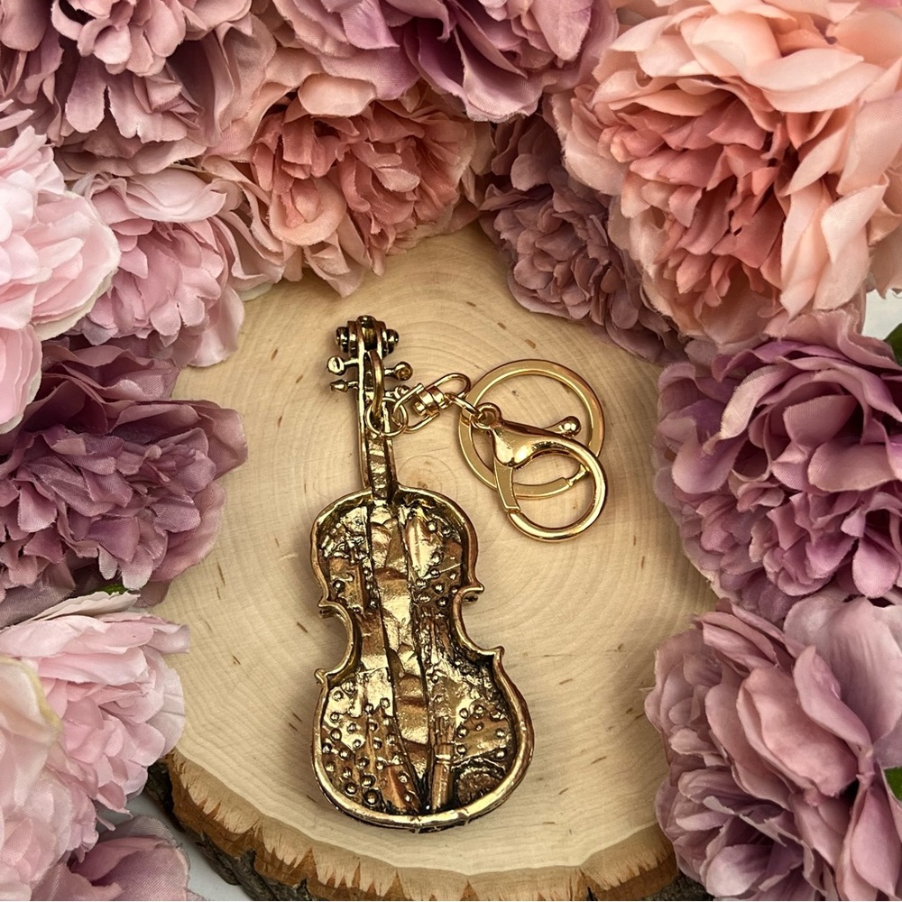 Beautiful Antiqued Gold and Crystal Viola Keychain Charm - Picture 9 of 13
